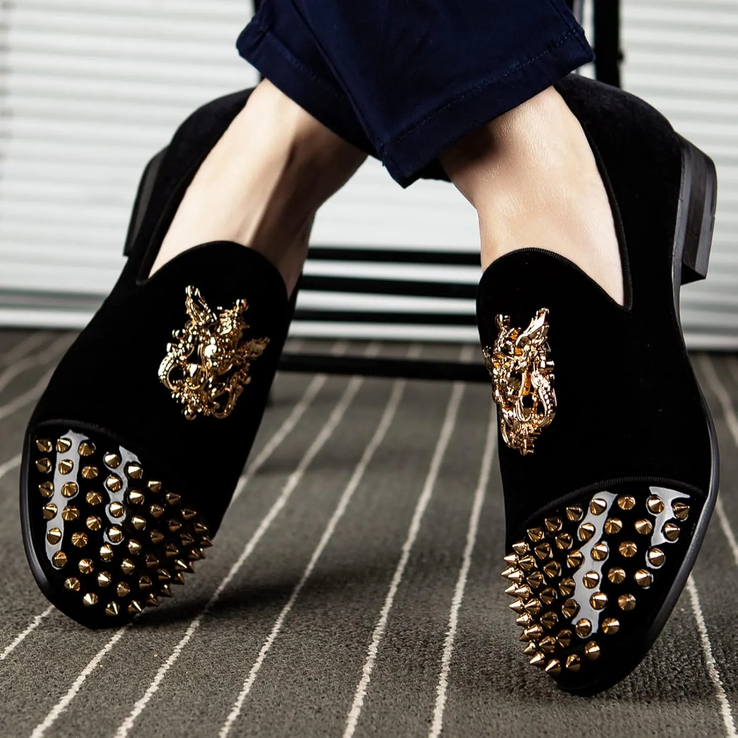 Meijiana Mens Velvet Loafers Dress Shoes with Metal Embellishments Party Luxury Loafer Shoes