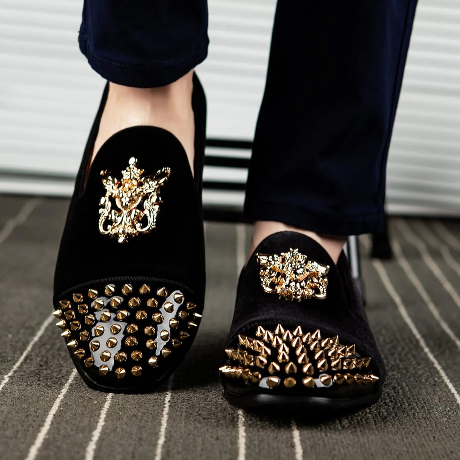 Meijiana Mens Velvet Loafers Dress Shoes with Metal Embellishments Party Luxury Loafer Shoes