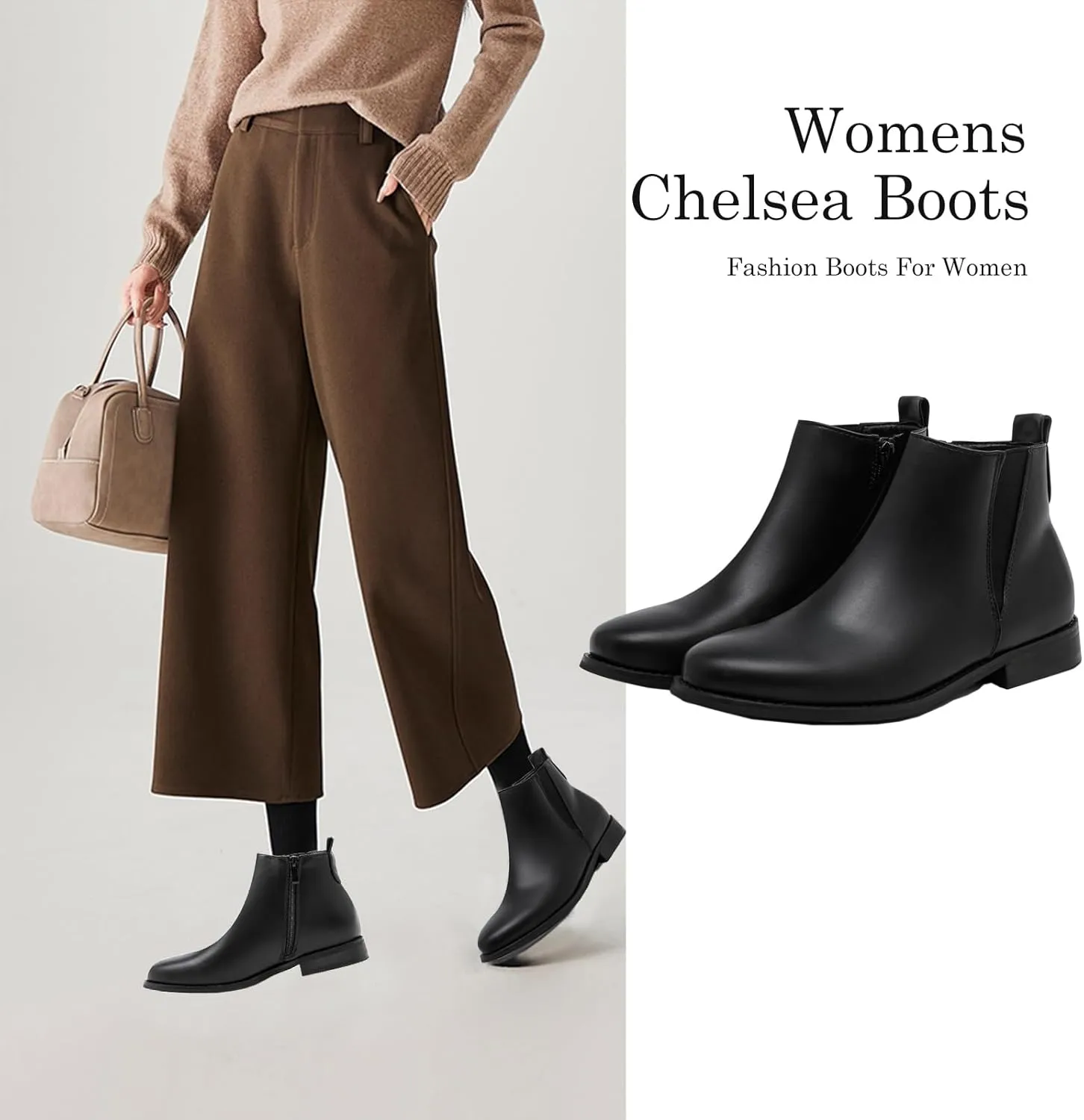 MEMON Womens Black Chelsea Boots,Suede Booties Low Heel,Casual Elastic Ankle Boots,Slip On Dress Boots For Women