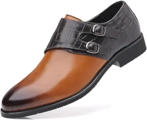 Men Leather Double Monk Strap Pointed Toe Slip On Dress Loafers Casual Comfort Non-Slip Oxfords Formal Business Tuxedo Dress Shoes