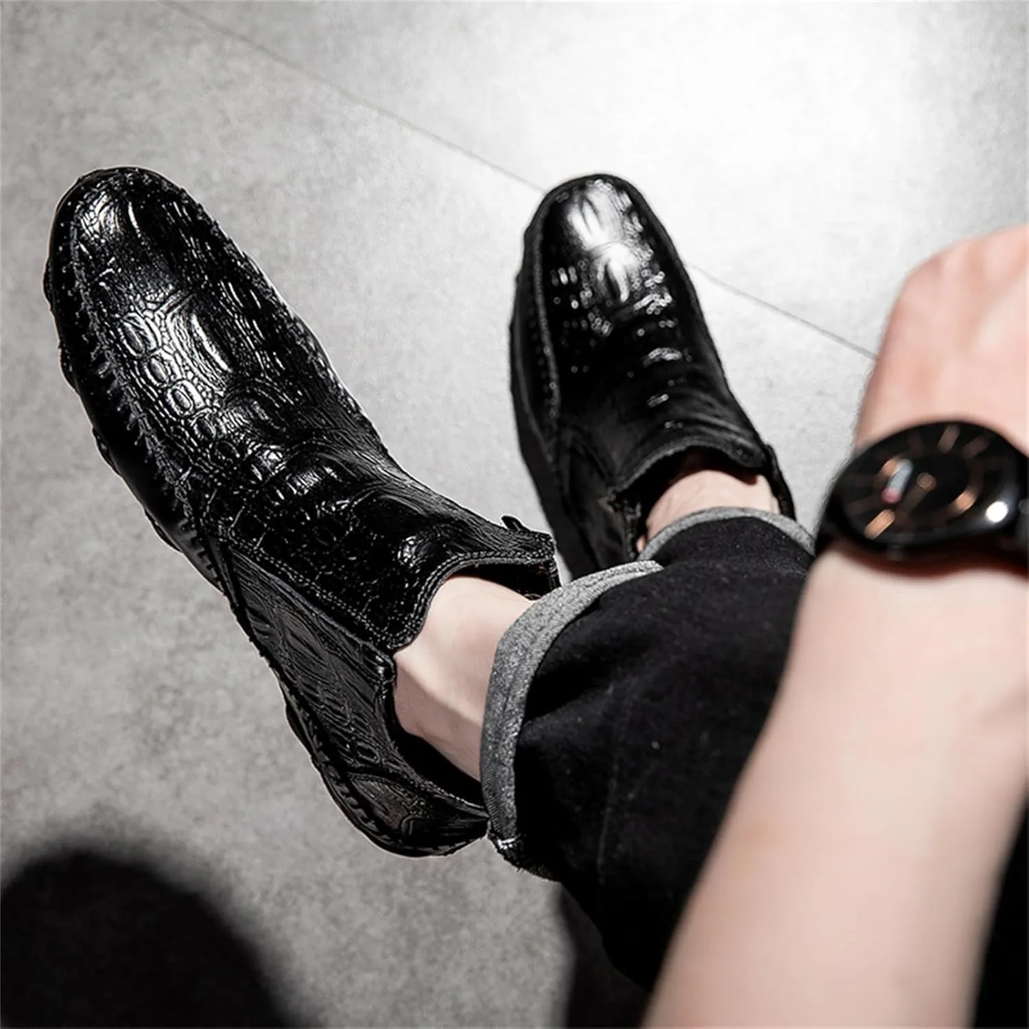 Mens Boot Side Zipper Ankle Dress Patent Leather Formal Boots Fashion Luxury Crocodile Pattern Luxury Classic Outdoor Non-Slip High-Top Fur Lined Loafers