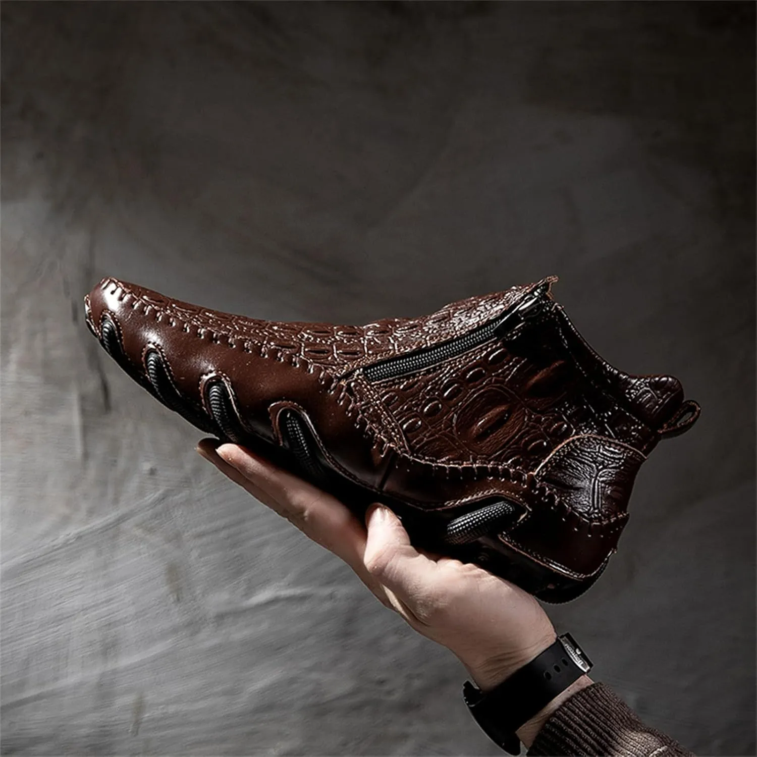 Mens Boot Side Zipper Ankle Dress Patent Leather Formal Boots Fashion Luxury Crocodile Pattern Luxury Classic Outdoor Non-Slip High-Top Fur Lined Loafers