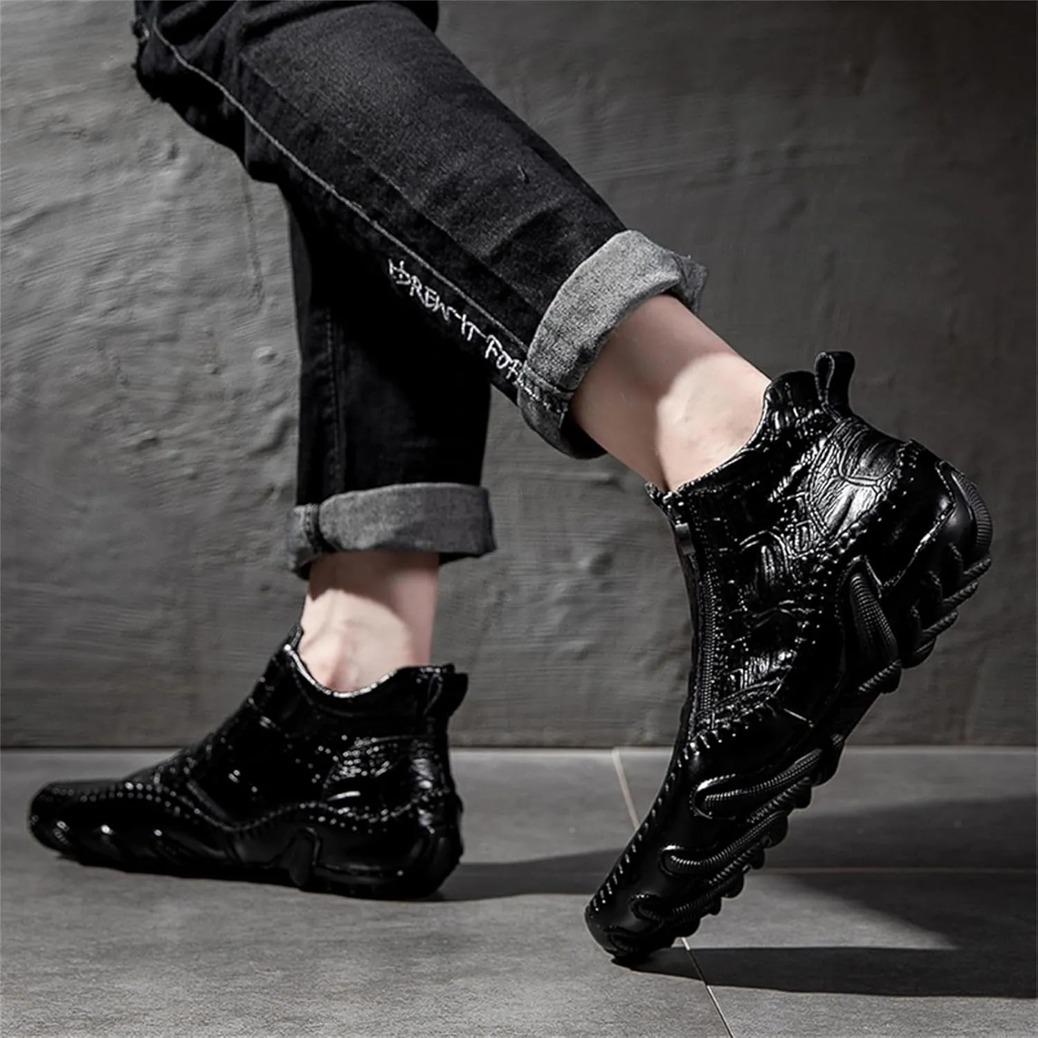 Mens Boot Side Zipper Ankle Dress Patent Leather Formal Boots Fashion Luxury Crocodile Pattern Luxury Classic Outdoor Non-Slip High-Top Fur Lined Loafers