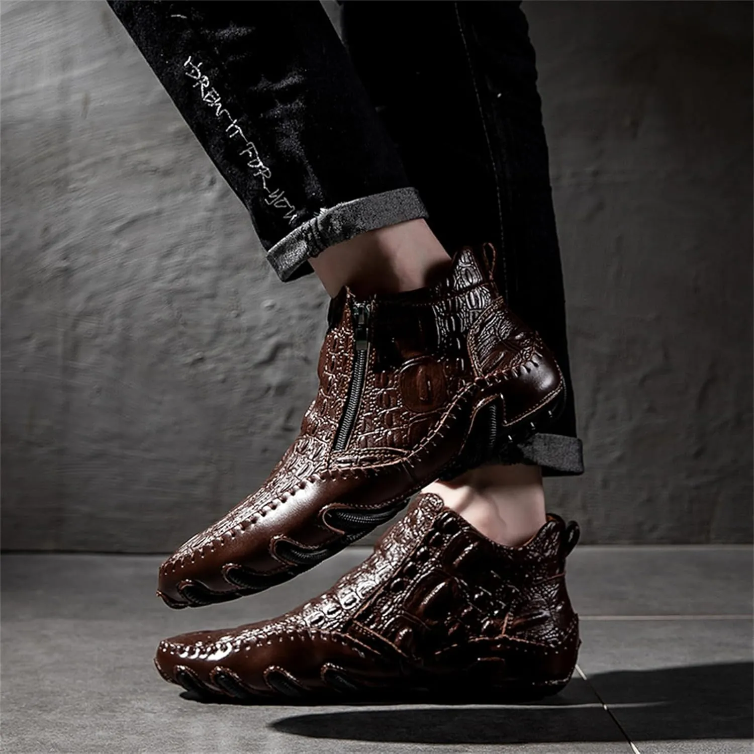 Mens Boot Side Zipper Ankle Dress Patent Leather Formal Boots Fashion Luxury Crocodile Pattern Luxury Classic Outdoor Non-Slip High-Top Fur Lined Loafers