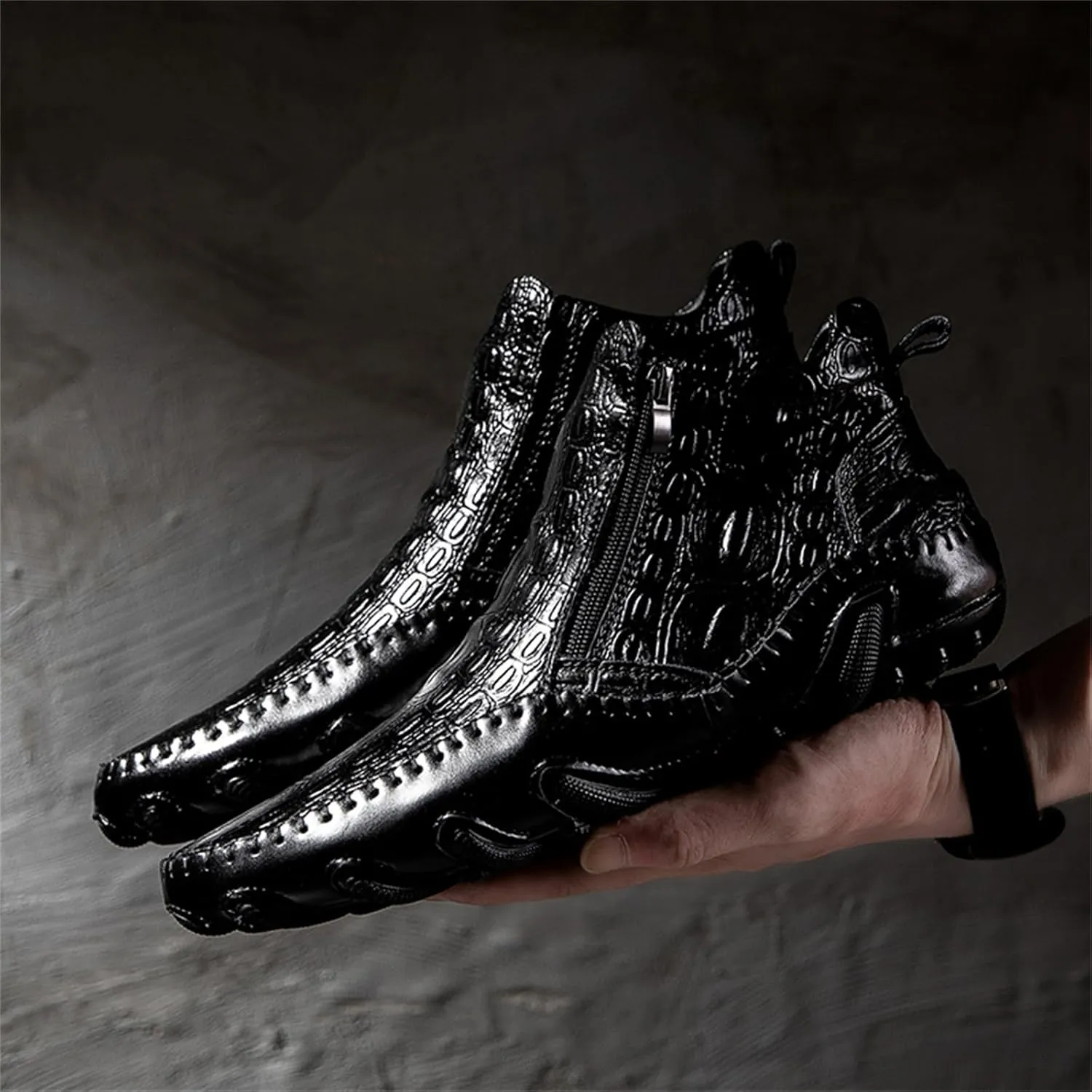 Mens Boot Side Zipper Ankle Dress Patent Leather Formal Boots Fashion Luxury Crocodile Pattern Luxury Classic Outdoor Non-Slip High-Top Fur Lined Loafers