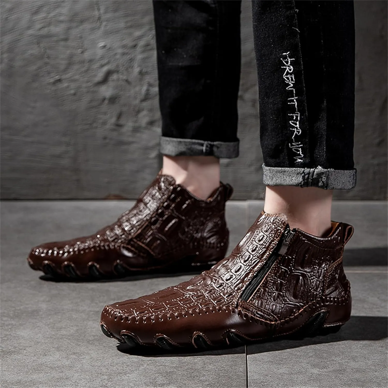Mens Boot Side Zipper Ankle Dress Patent Leather Formal Boots Fashion Luxury Crocodile Pattern Luxury Classic Outdoor Non-Slip High-Top Fur Lined Loafers