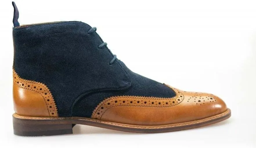 Mens Brogue Suede Lace Up Ankle Boots Navy Tan Casual Shoes