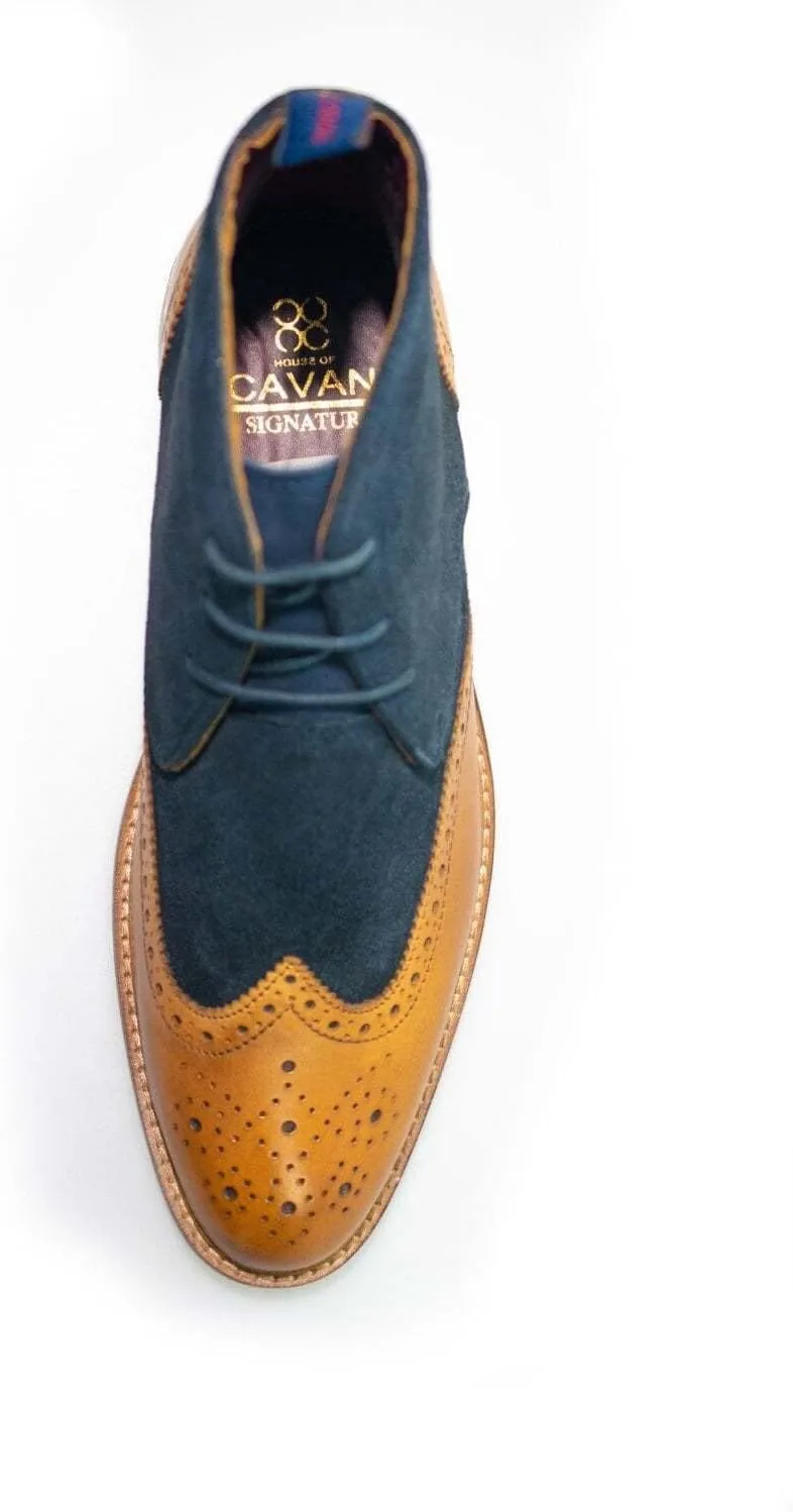 Mens Brogue Suede Lace Up Ankle Boots Navy Tan Casual Shoes
