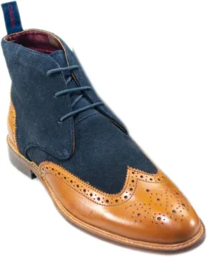 Mens Brogue Suede Lace Up Ankle Boots Navy Tan Casual Shoes