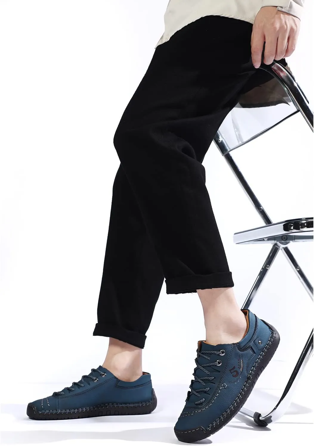 Mens Casual Shoes Summer Breathable Sneakers Loafers Walking Shoes Hand Made Lace-Up Leather Dress Flats Shoes for Driving Business Working Office