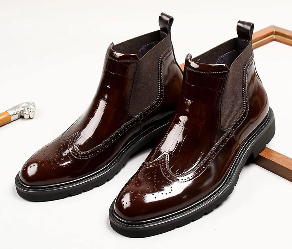 Mens Chelsea Boots Patent Leather Brogue Ankle Dress Boots for Men Red