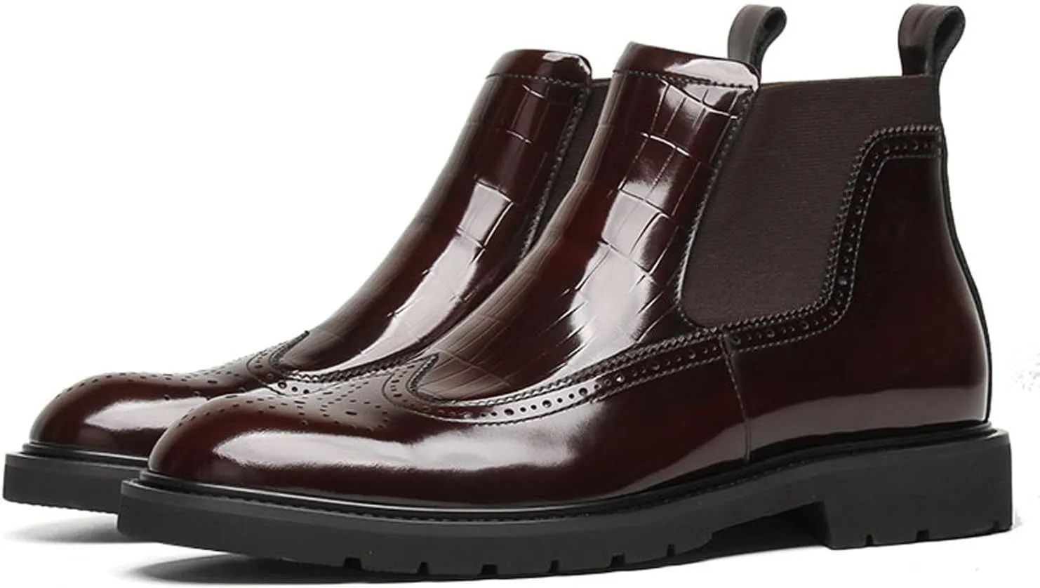 Mens Chelsea Boots Patent Leather Brogue Ankle Dress Boots for Men Red