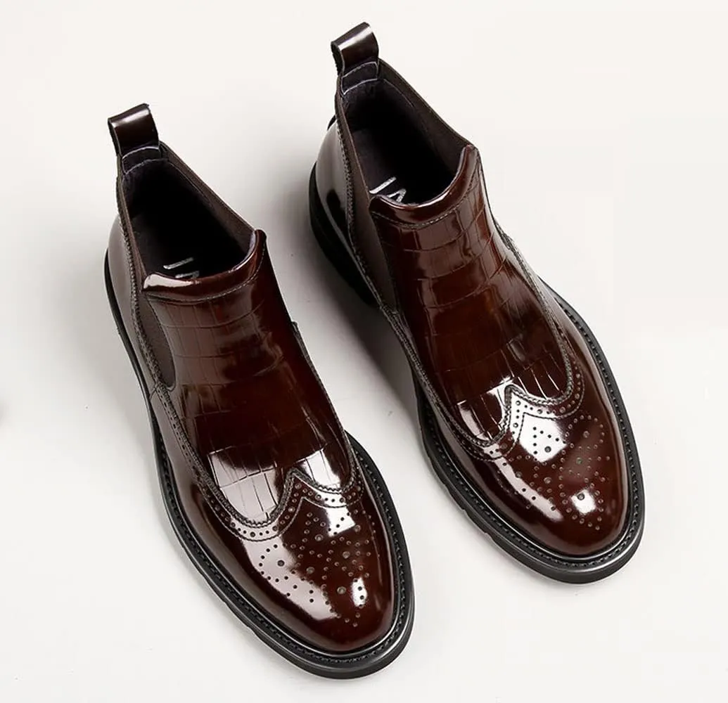 Mens Chelsea Boots Patent Leather Brogue Ankle Dress Boots for Men Red