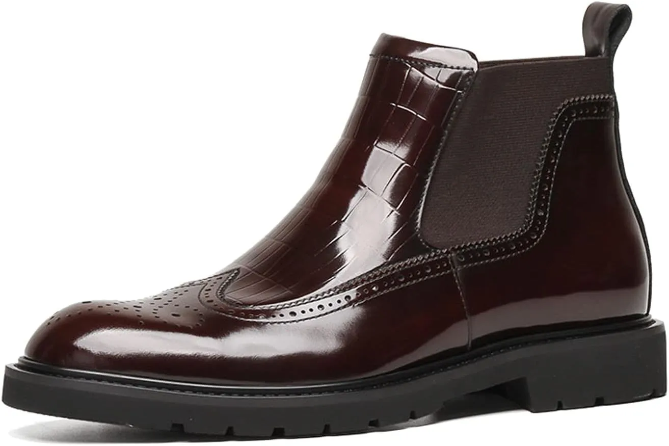 Mens Chelsea Boots Patent Leather Brogue Ankle Dress Boots for Men Red