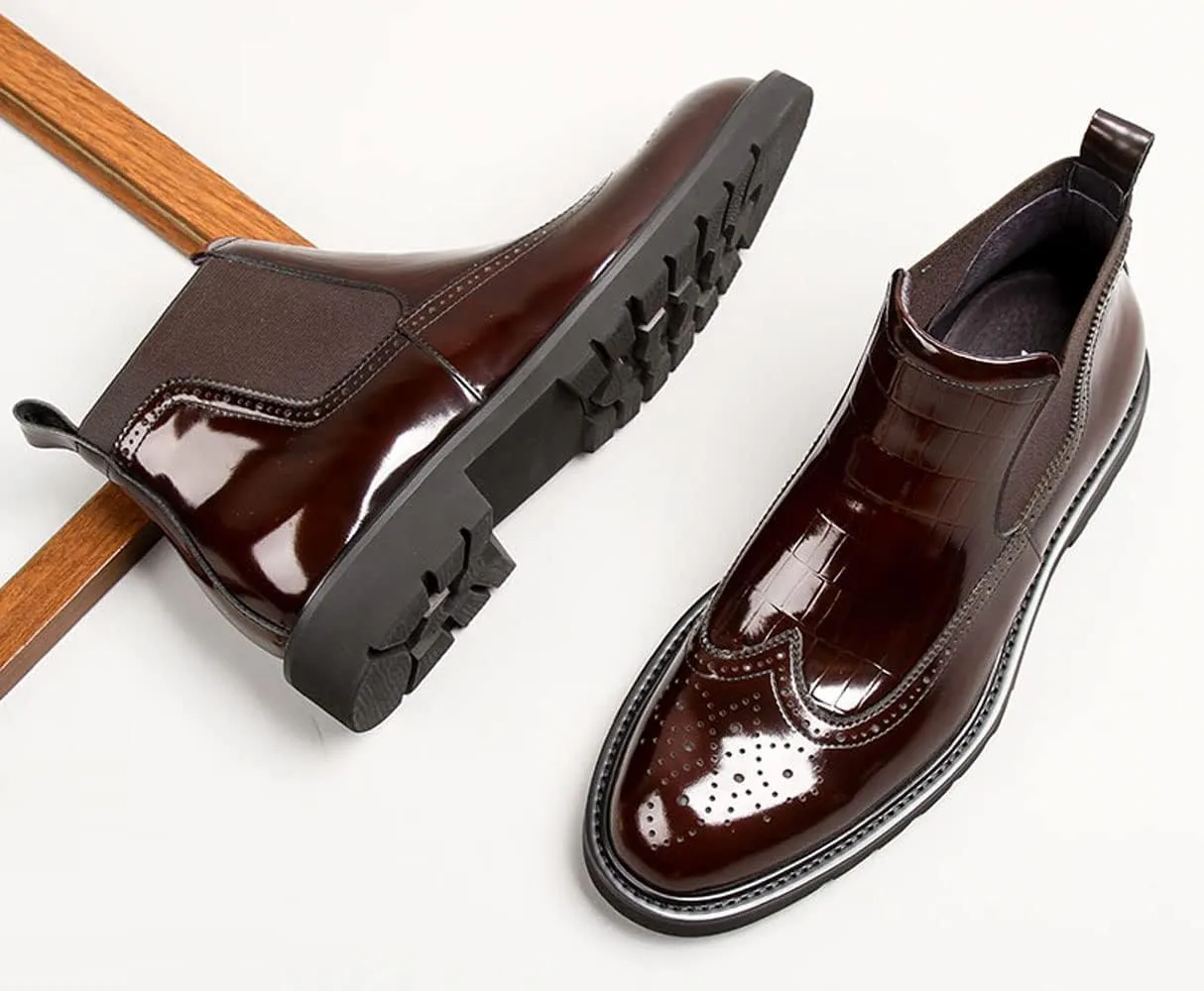 Mens Chelsea Boots Patent Leather Brogue Ankle Dress Boots for Men Red