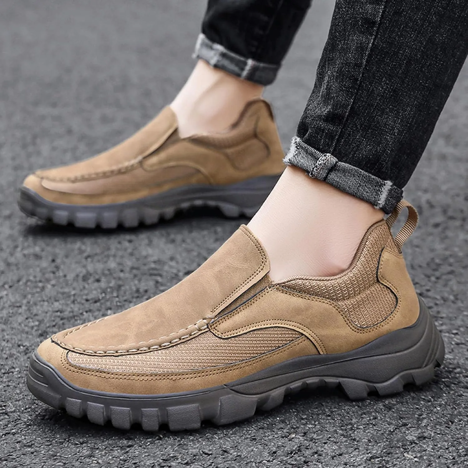 Men's Classic Leather Vintage Hand Sewn Walking Shoes Outdoor Comfortable Non-slip Breathable Driving Loafers