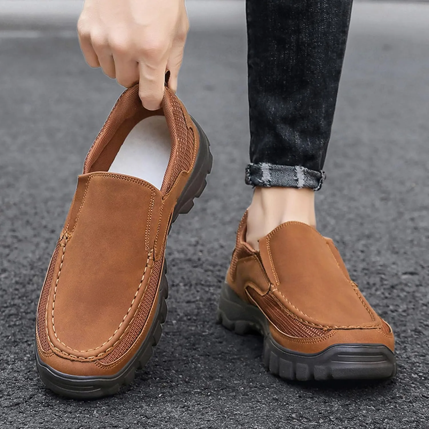 Men's Classic Leather Vintage Hand Sewn Walking Shoes Outdoor Comfortable Non-slip Breathable Driving Loafers