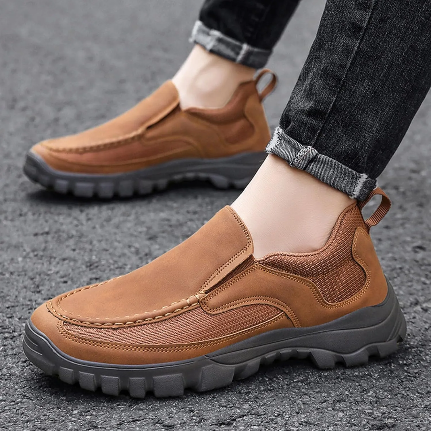 Men's Classic Leather Vintage Hand Sewn Walking Shoes Outdoor Comfortable Non-slip Breathable Driving Loafers