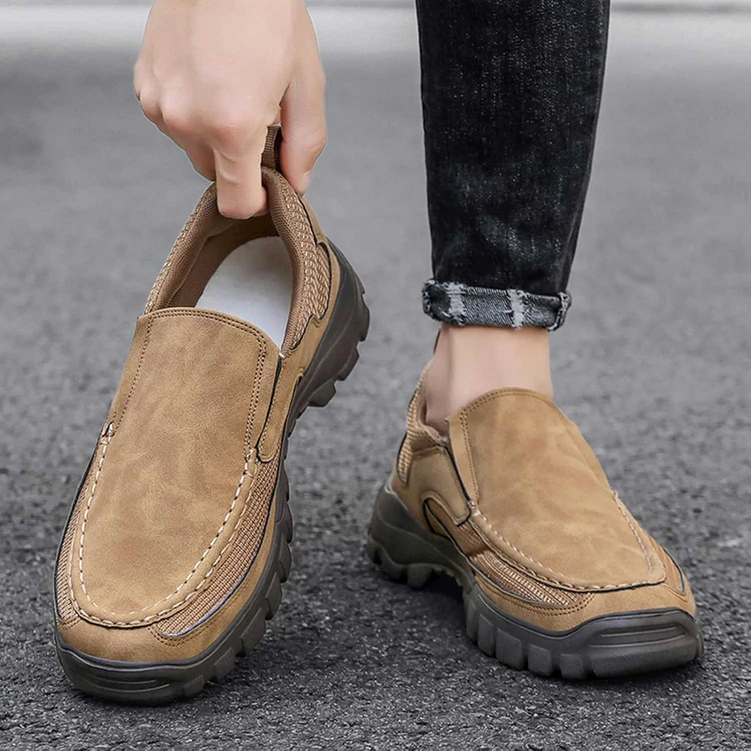 Men's Classic Leather Vintage Hand Sewn Walking Shoes Outdoor Comfortable Non-slip Breathable Driving Loafers