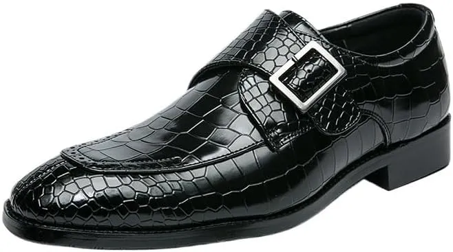 Men's Crocodile Pattern Oxford Shoes, Pointed Toe Formal Dress Loafers, Single Buckle Slip-On Wedding Prom Height Increasing Moccasins