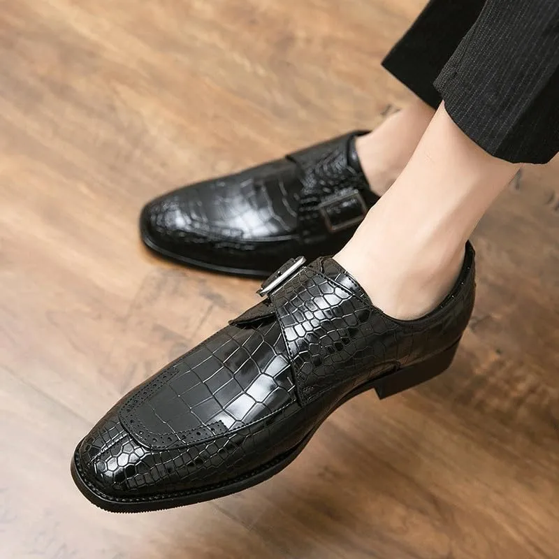 Men's Crocodile Pattern Oxford Shoes, Pointed Toe Formal Dress Loafers, Single Buckle Slip-On Wedding Prom Height Increasing Moccasins