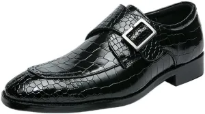 Men's Crocodile Pattern Oxford Shoes, Pointed Toe Formal Dress Loafers, Single Buckle Slip-On Wedding Prom Height Increasing Moccasins