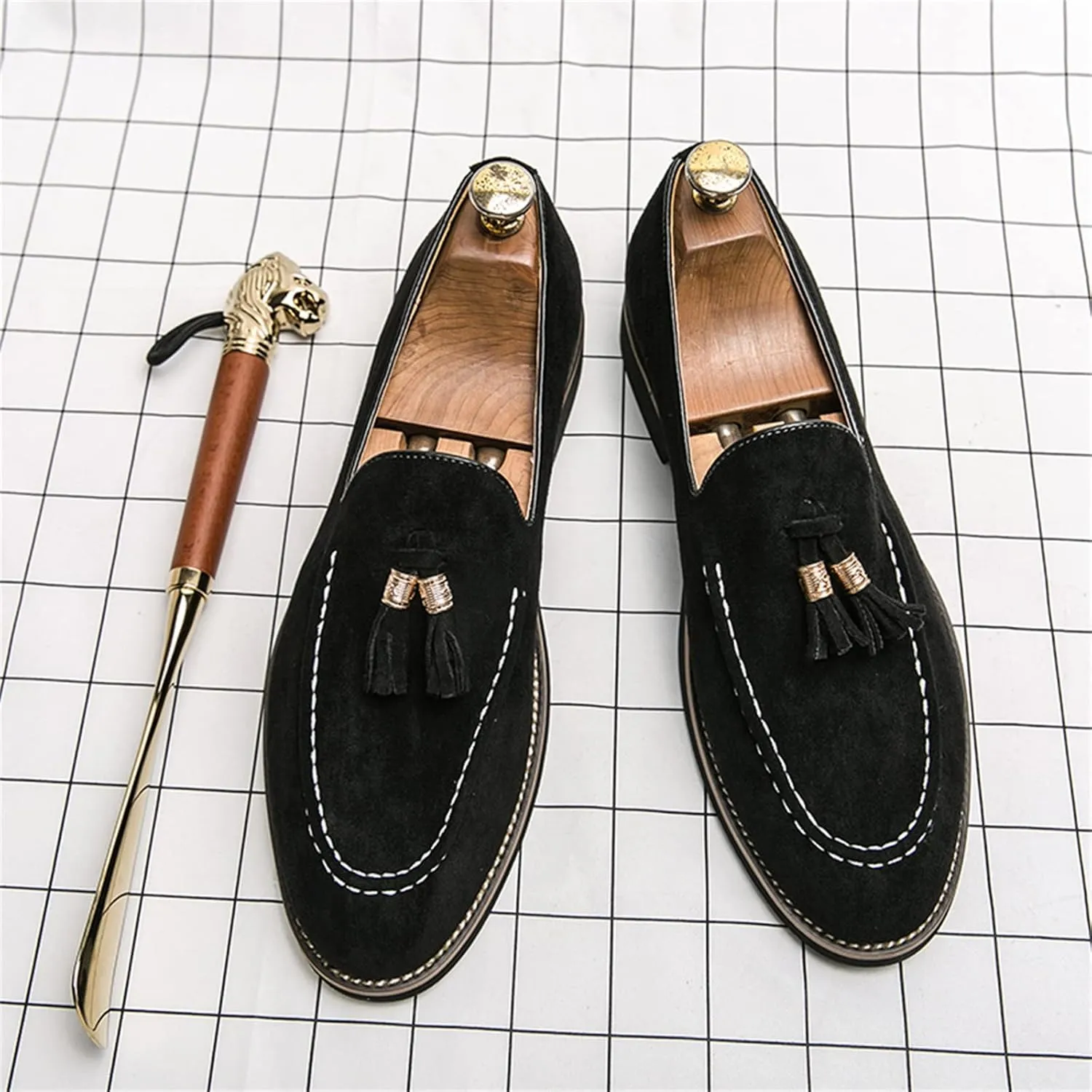 Mens Faux Suede Tasseled Leather Slip On Loafers,Casual Business Dress Shoes British Retro Moccasin Driving Shoes