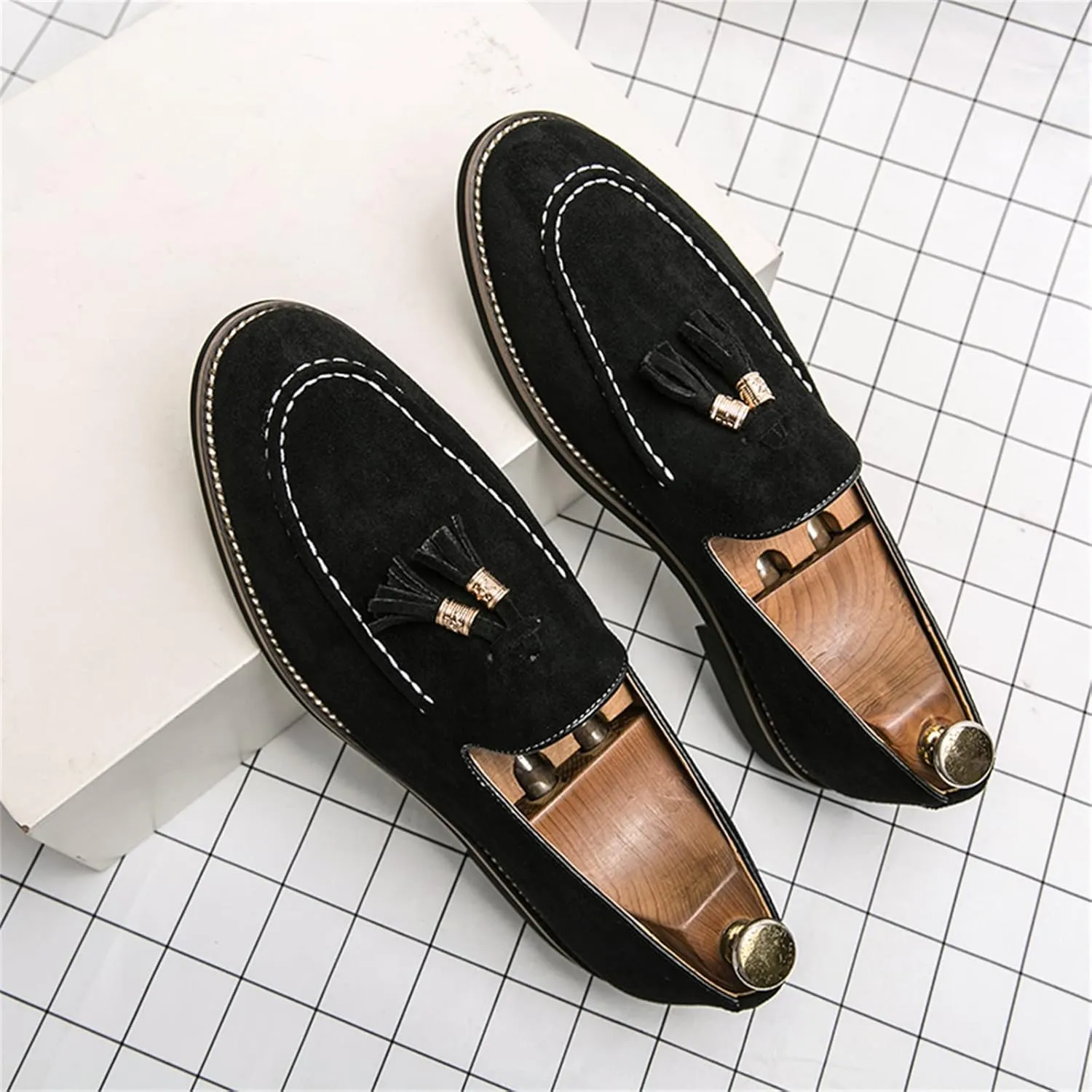 Mens Faux Suede Tasseled Leather Slip On Loafers,Casual Business Dress Shoes British Retro Moccasin Driving Shoes