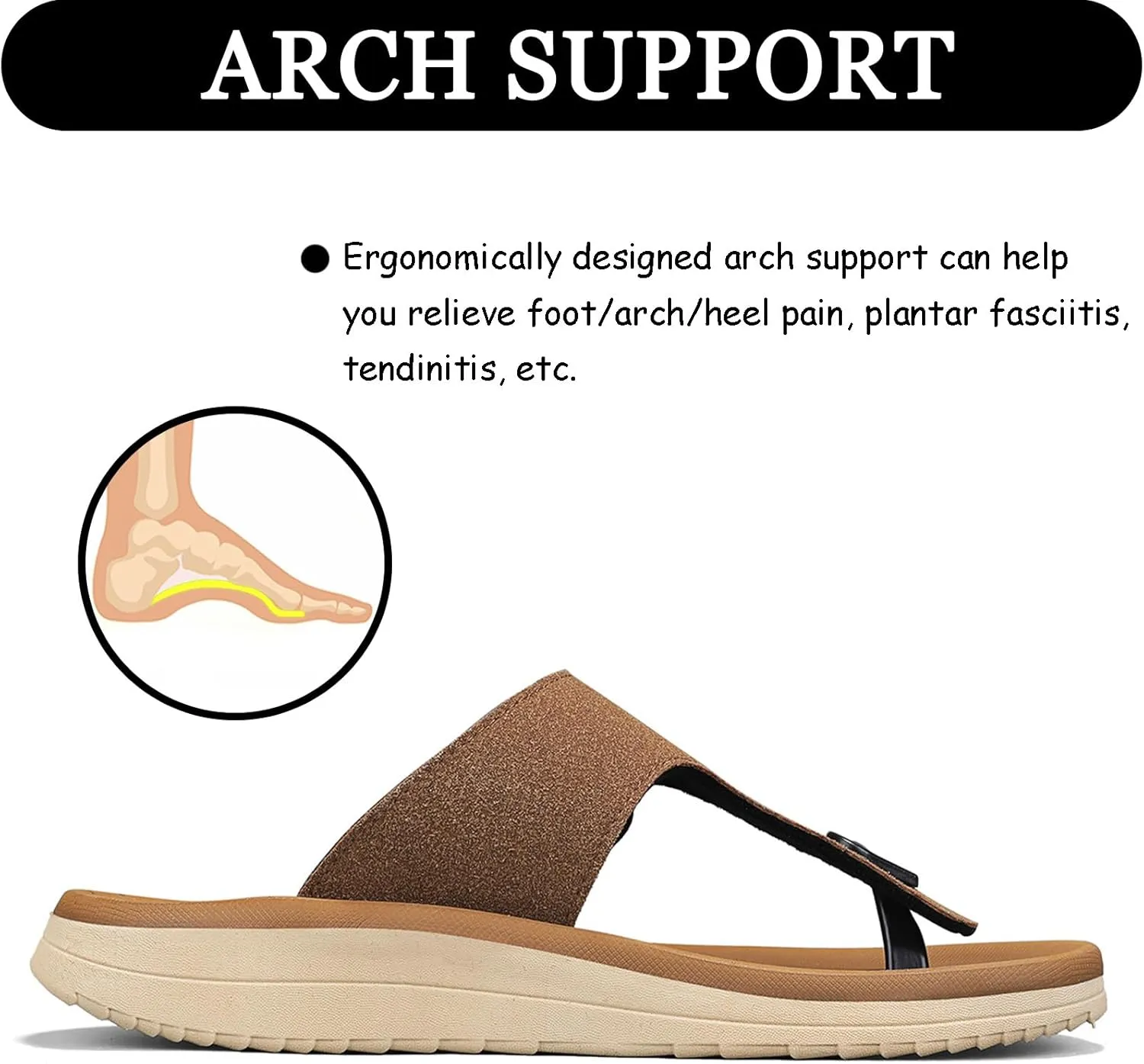 Mens Flip Flops Arch Support Sandals with Adjustable Buckle Straps Thick Athletic Cushion Sport Slides for Man Non-Slip Mens Beach Slipper Lightweight & Soft Comfort Fit