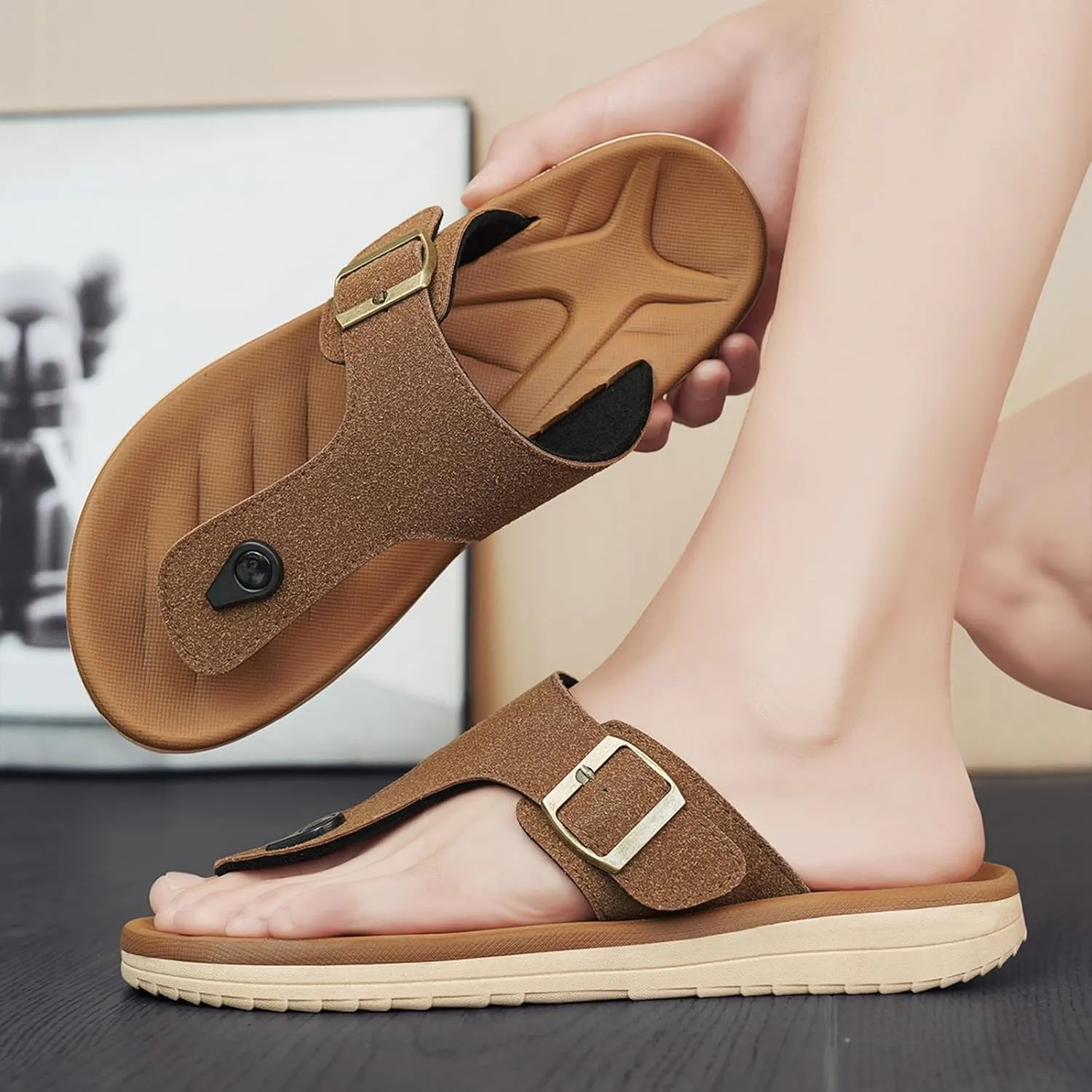Mens Flip Flops Arch Support Sandals with Adjustable Buckle Straps Thick Athletic Cushion Sport Slides for Man Non-Slip Mens Beach Slipper Lightweight & Soft Comfort Fit