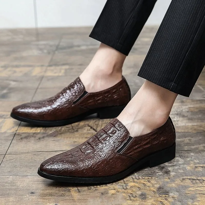 Men's Genuine Leather Oxford Shoes, Fashion Black Crocodile Pattern, Luxury Formal Height Increase Loafers, Office Dress Shoes for Walking and Driving
