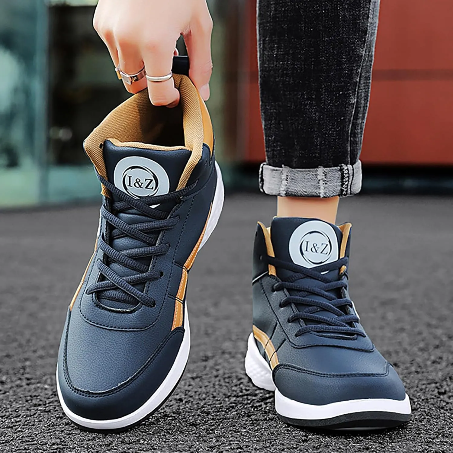 Mens High Top Sneakers Lace-up Casual Breathable Soft Walking Running Shoes Comfortable Tennis Shoes Flat Bottom Non Slip Mens Shoe for Summer Spring