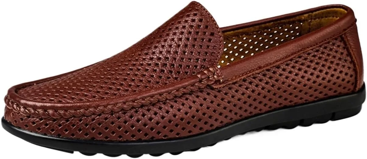 Men's Hollow Breathable Loafers - Lightweight Leather Moccasins with Flexible Slip-Resistant Sole for Comfortable Outdoor Wear