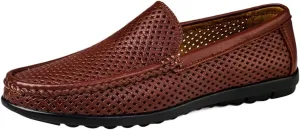 Men's Hollow Breathable Loafers - Lightweight Leather Moccasins with Flexible Slip-Resistant Sole for Comfortable Outdoor Wear