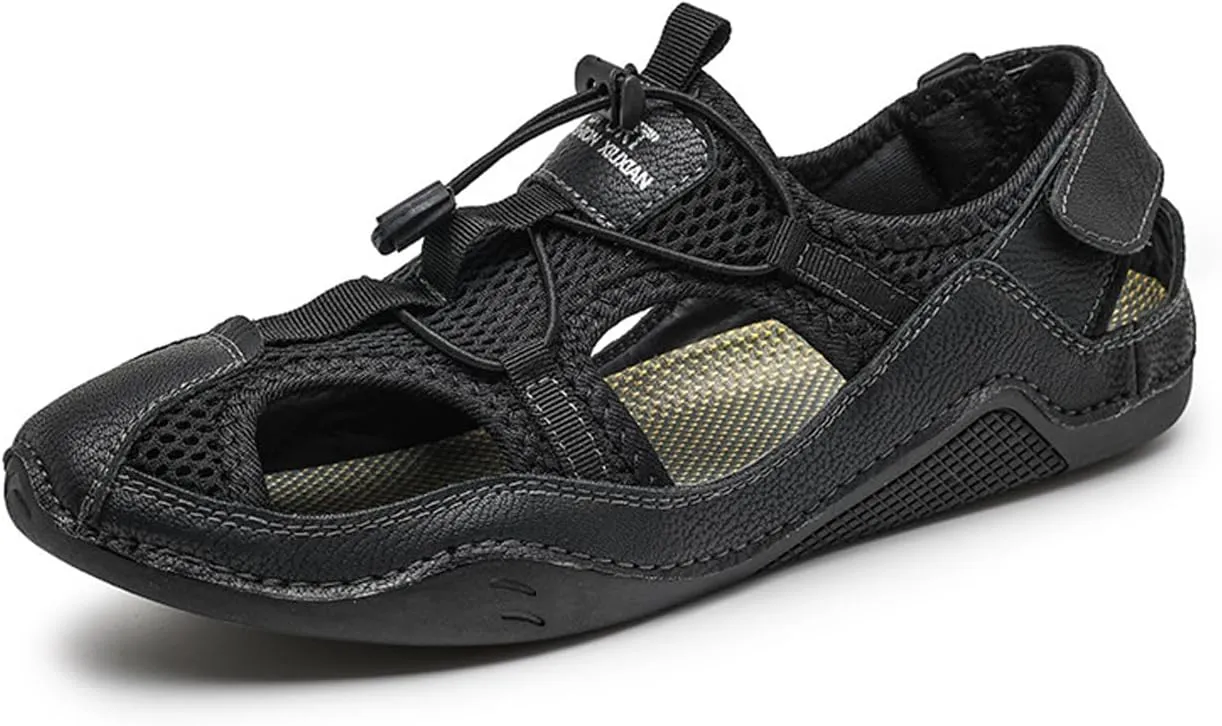 Men's Leather Cut Out Lace-Up Fisherman Sandals with Hook and Loop Summer Closed Toe Comfy Hiking Sports Beach Sandals for Outdoor Walking Driving