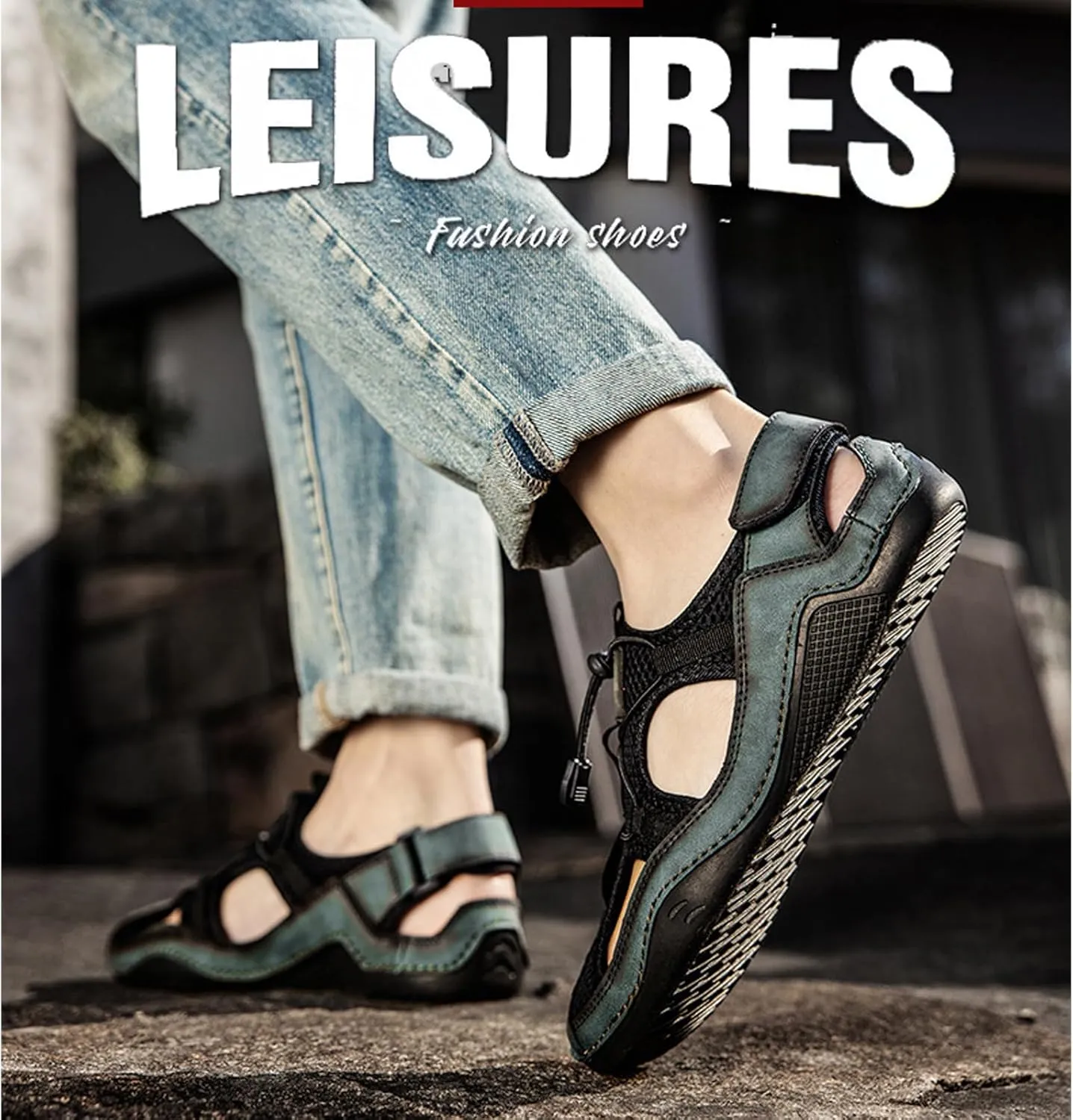 Men's Leather Cut Out Lace-Up Fisherman Sandals with Hook and Loop Summer Closed Toe Comfy Hiking Sports Beach Sandals for Outdoor Walking Driving