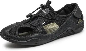 Men's Leather Cut Out Lace-Up Fisherman Sandals with Hook and Loop Summer Closed Toe Comfy Hiking Sports Beach Sandals for Outdoor Walking Driving