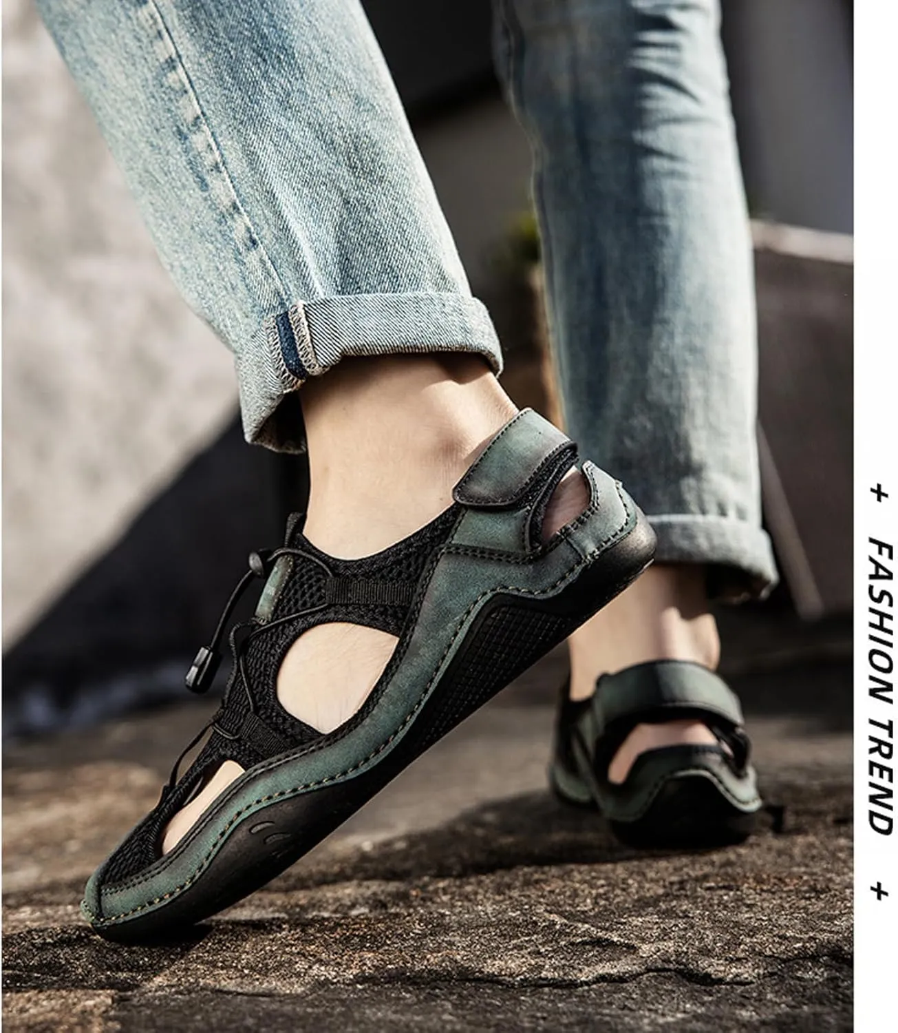 Men's Leather Cut Out Lace-Up Fisherman Sandals with Hook and Loop Summer Closed Toe Comfy Hiking Sports Beach Sandals for Outdoor Walking Driving