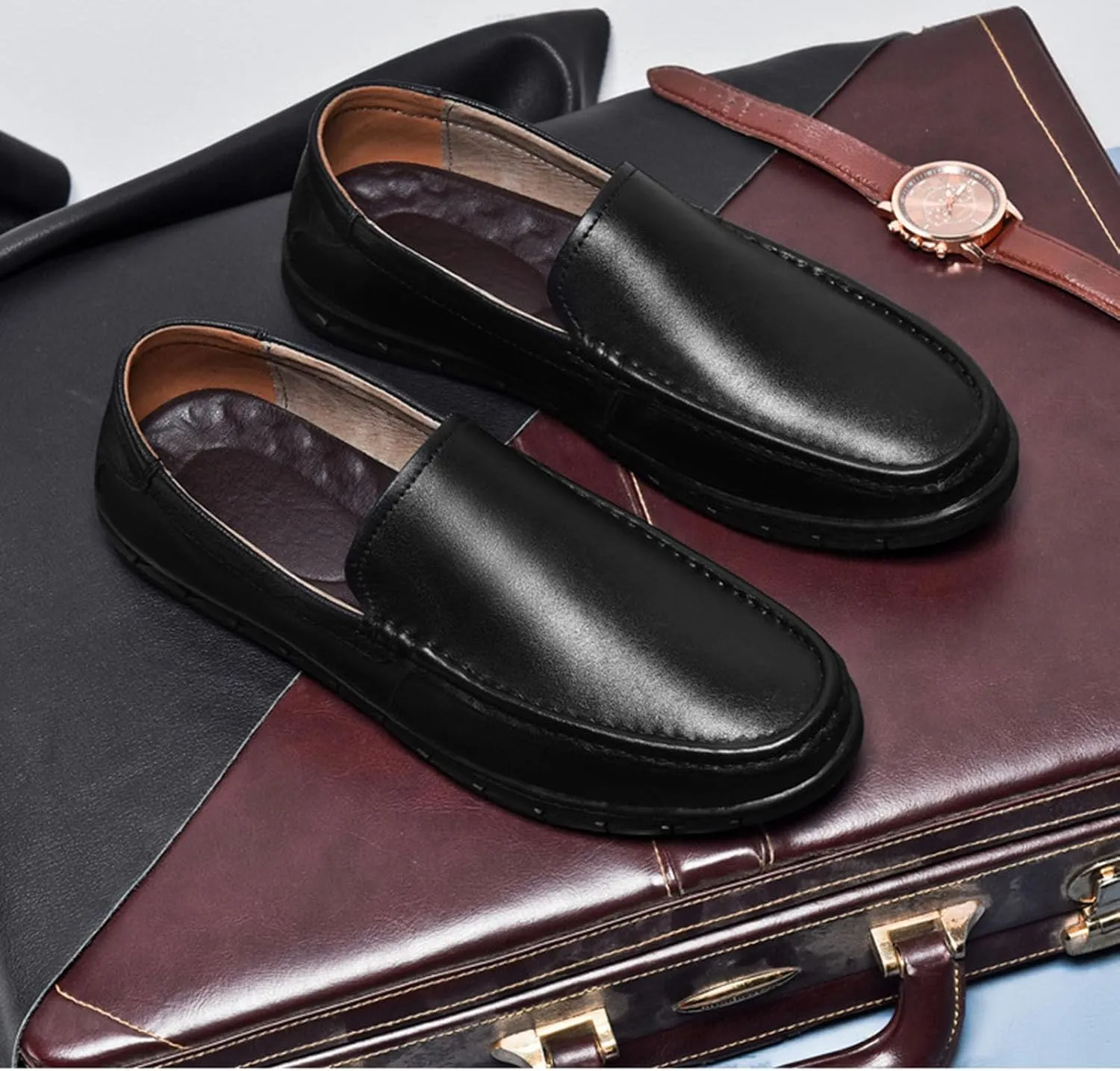 Men's Leather Slip-On Loafers Comfortable Non Slip Leather Shoes for Business Attire Lightweight Classic Fashion Breathable Driving Loafers
