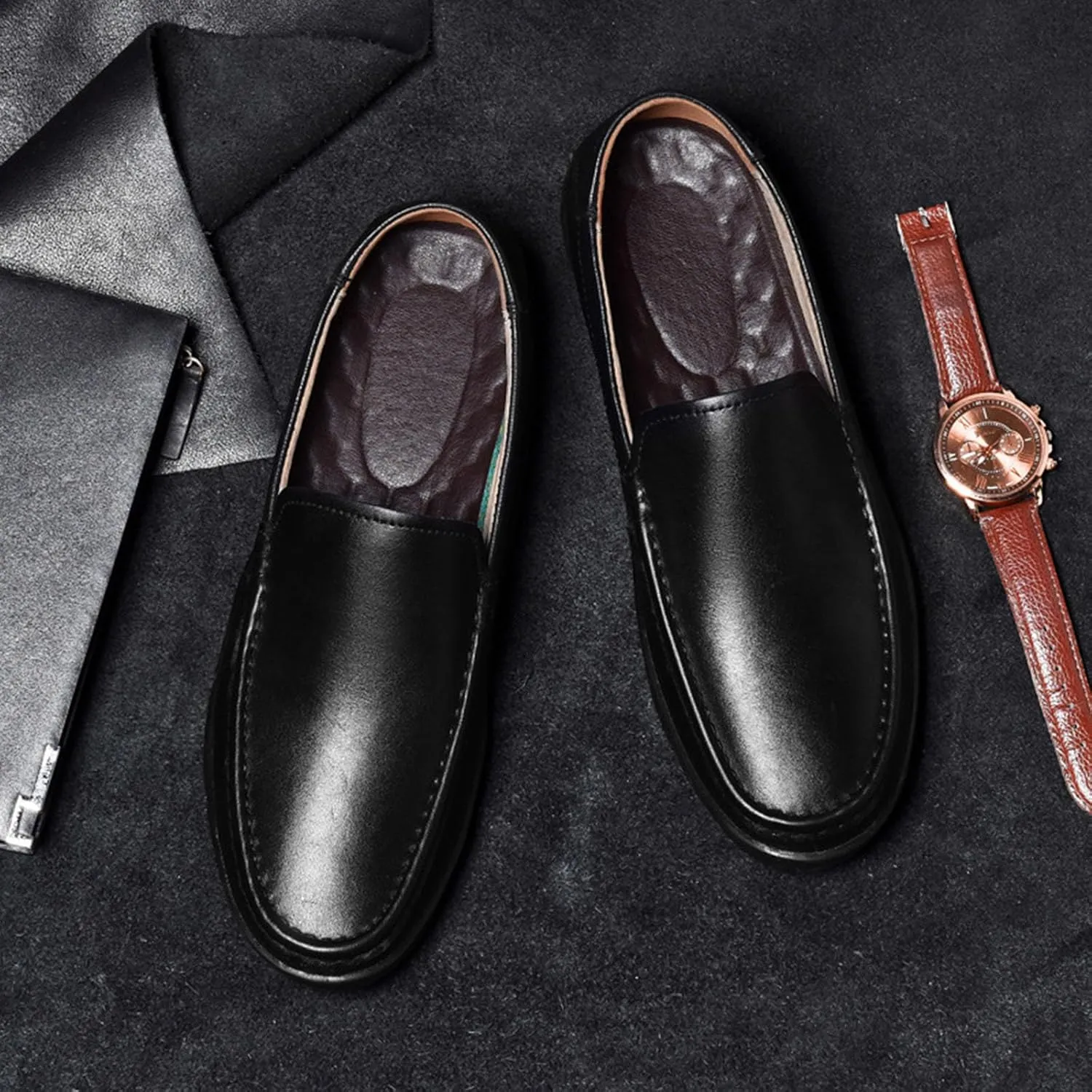 Men's Leather Slip-On Loafers Comfortable Non Slip Leather Shoes for Business Attire Lightweight Classic Fashion Breathable Driving Loafers