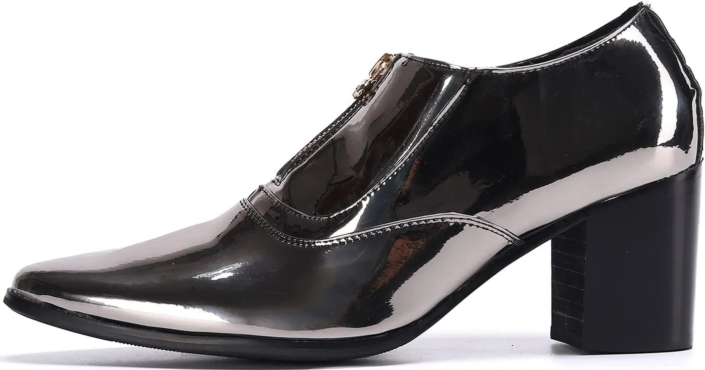 Mens Loafers Dress Casual Slip On Shoes Genuine Leather Pointed Toe Zipper Pump Formal Party Fashion Prom Wedding Tuxedo Party Ballroom Singer Disco Western Cowboy Heels Shoes for Men