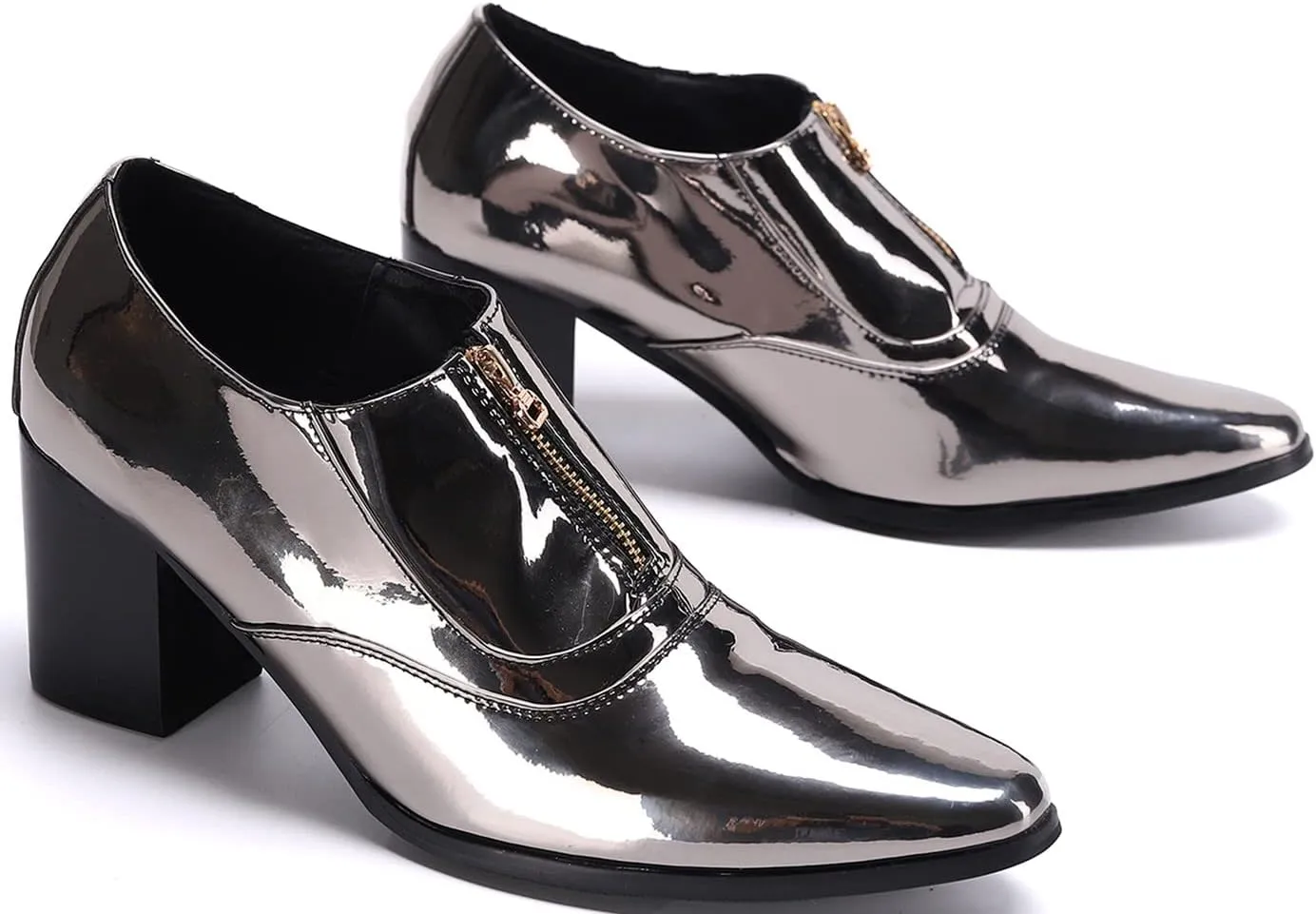 Mens Loafers Dress Casual Slip On Shoes Genuine Leather Pointed Toe Zipper Pump Formal Party Fashion Prom Wedding Tuxedo Party Ballroom Singer Disco Western Cowboy Heels Shoes for Men