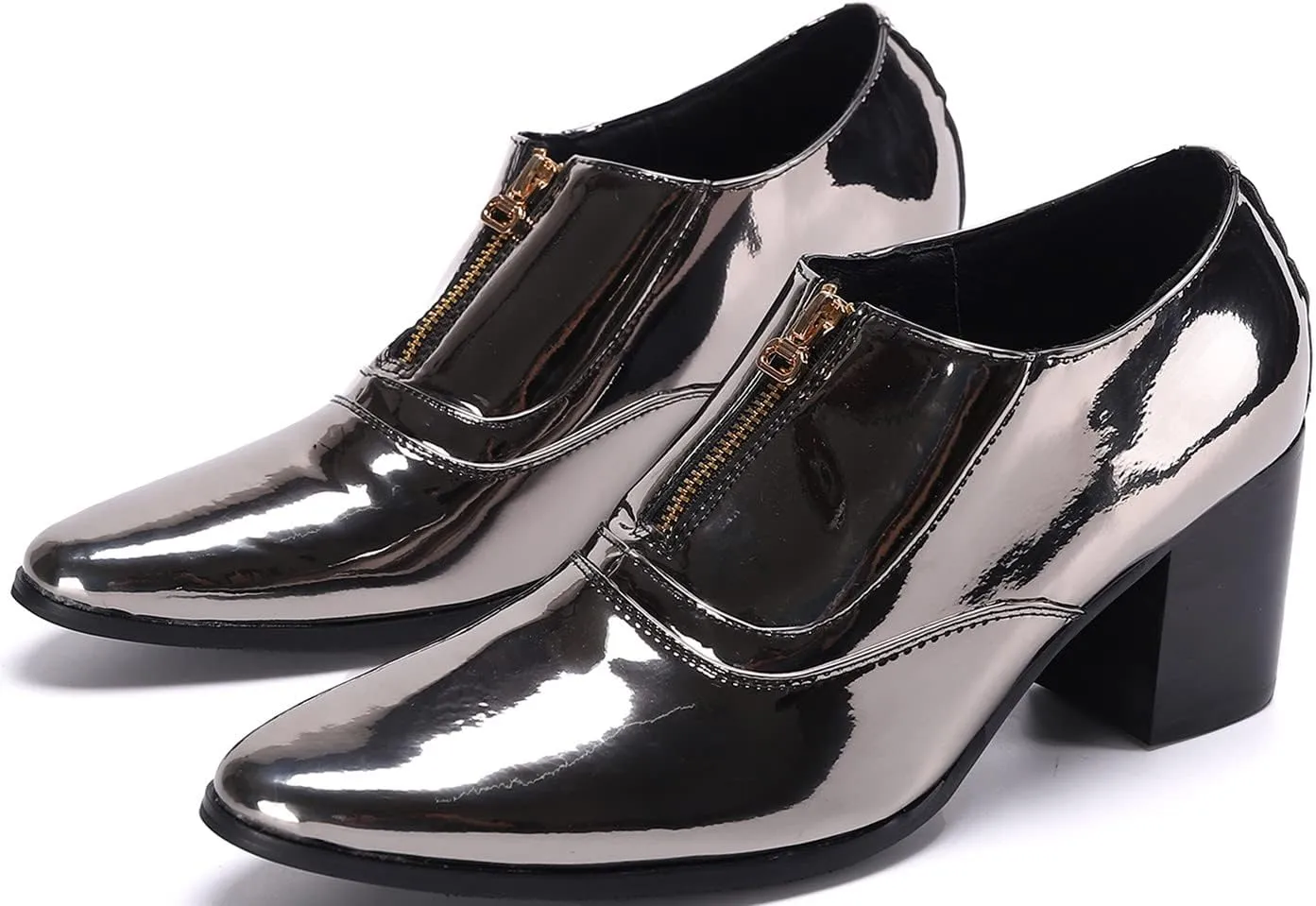 Mens Loafers Dress Casual Slip On Shoes Genuine Leather Pointed Toe Zipper Pump Formal Party Fashion Prom Wedding Tuxedo Party Ballroom Singer Disco Western Cowboy Heels Shoes for Men