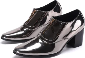 Mens Loafers Dress Casual Slip On Shoes Genuine Leather Pointed Toe Zipper Pump Formal Party Fashion Prom Wedding Tuxedo Party Ballroom Singer Disco Western Cowboy Heels Shoes for Men