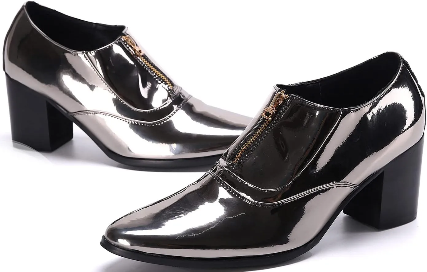 Mens Loafers Dress Casual Slip On Shoes Genuine Leather Pointed Toe Zipper Pump Formal Party Fashion Prom Wedding Tuxedo Party Ballroom Singer Disco Western Cowboy Heels Shoes for Men