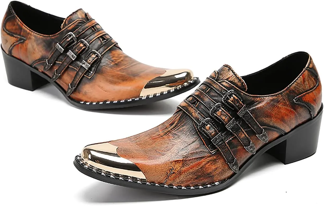 Mens Loafers Slip On Dress Party Casual Leather Metal Square Toe Heel Cowboy Shoes Fashion Buttons Handmade Western Shoes for Men