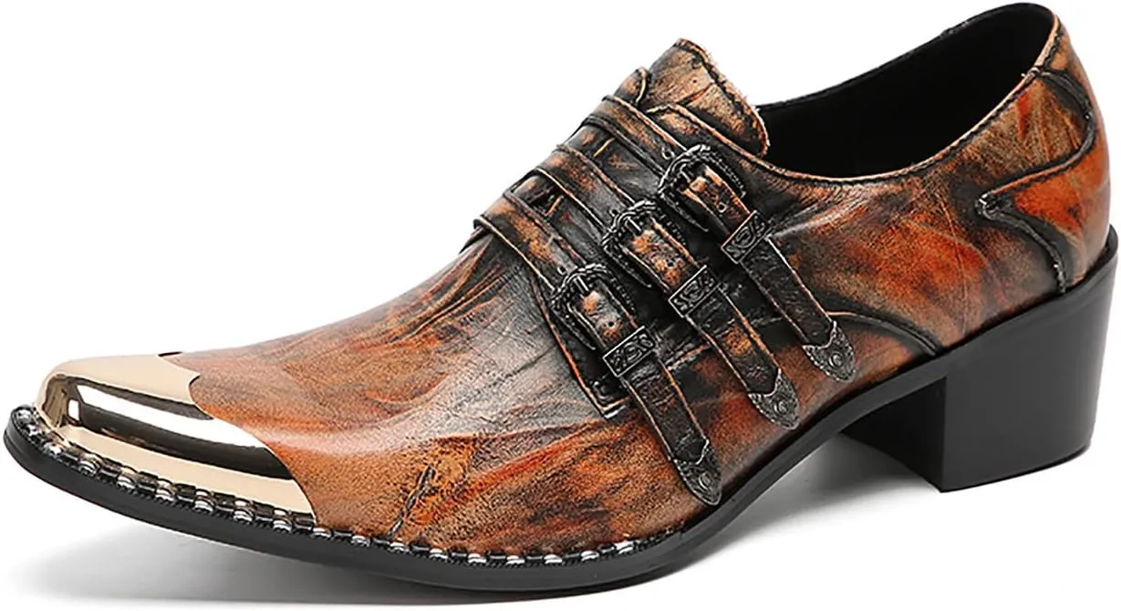 Mens Loafers Slip On Dress Party Casual Leather Metal Square Toe Heel Cowboy Shoes Fashion Buttons Handmade Western Shoes for Men