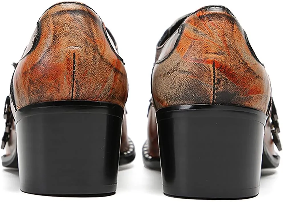 Mens Loafers Slip On Dress Party Casual Leather Metal Square Toe Heel Cowboy Shoes Fashion Buttons Handmade Western Shoes for Men