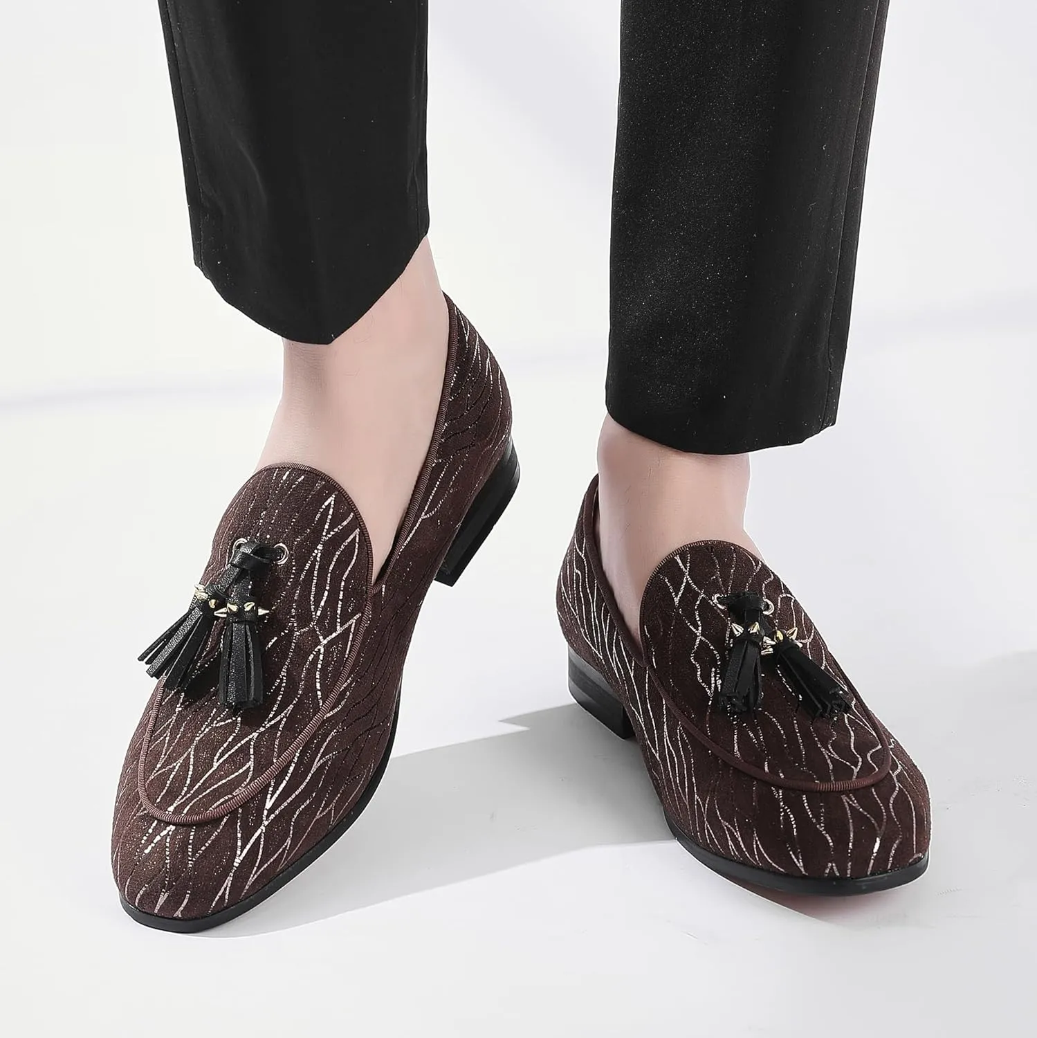 Men's Luxury Velvet Penny Loafers with Fashion Spiked, Casual Penny Loafers for Men, Noble Slip-on Dress Loafers Glitter Suede Smoking Slippers (Black)