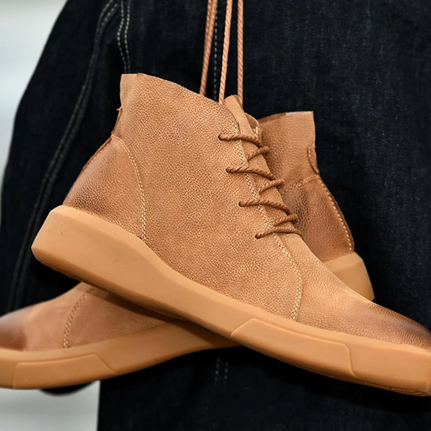 Mens Mid-Top Lace-Up Leather Chukka Ankle Boots Casual Comfortable Round Toe Non-Slip Shoes for Walking Outdoor Hiking